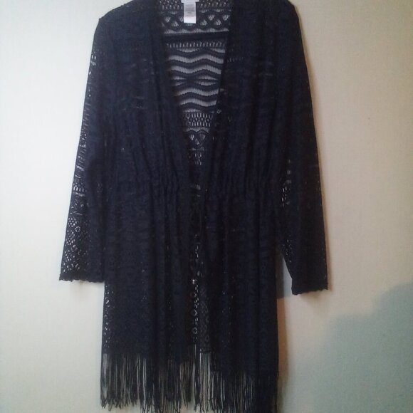 Dotti Cardigan Sweater Women S Long Sleeve Fringe Lace Open Tie Front Black - Picture 2 of 16